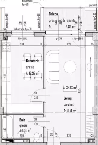 Apartament cu 2 camere, etaj intermediar, 39.13 mp, semifinisat, zona Baciu