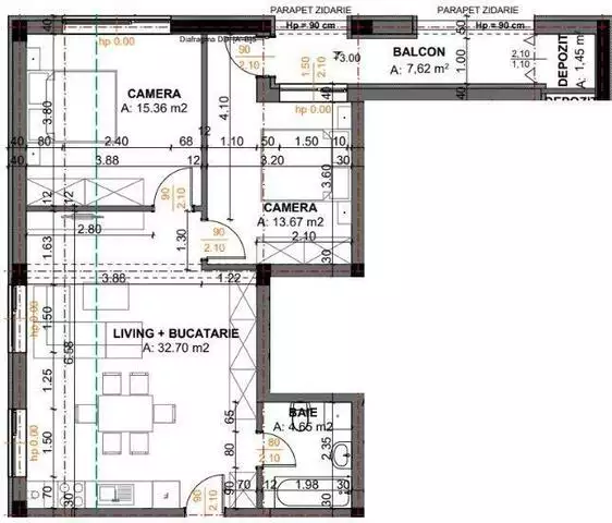  Apartament 3 camere, 64.90 mp utili + 7.62 mp balcon