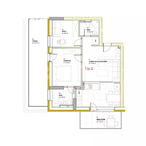 Apartament cu 3 camere, 55,51 mp, terasa 57,52 mp, balcon, zona Louis Pasteur