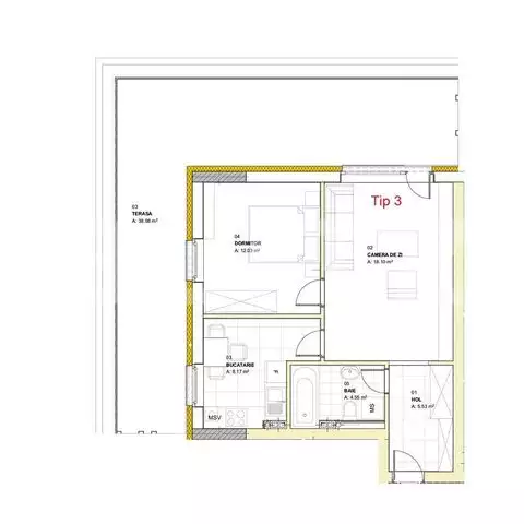 Apartament cu 2 camere, 46.23 mp, terasa 38.98 mp, zona Louis Pasteur