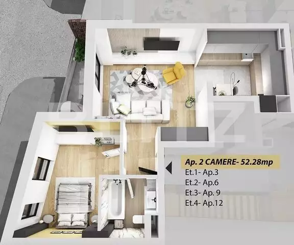 Apartament 2 camere, 52.28 mp, semifinisat, semicentral!