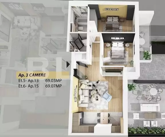 Apartament 3 camere, 69.03 mp, semifinisat, semicentral!