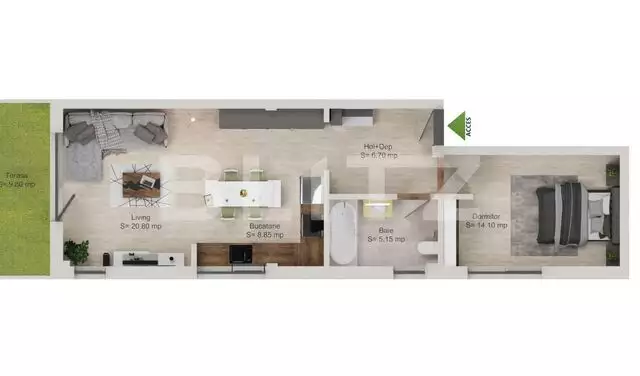 Apartament 2 camere, 55.6 mp, decomandat, balcon, semifinisat, zona Donath