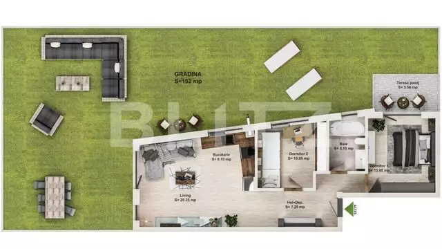 Apartament 3 camere, 67.3 mp, gradina 152 mp, semifinisat, zona Donath