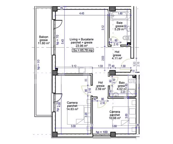Apartament 3 camere, 65.78 mp, balcon, zona Terra