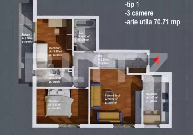 Apartament 3 camere decomandate etaj intermediar 2 bai,  semifinisat orientare sudica zona Regal in Baciu
