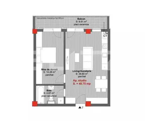 Apartament 2 camere, 48.75 mp, balcon de 8.61 mp, semifinisat!