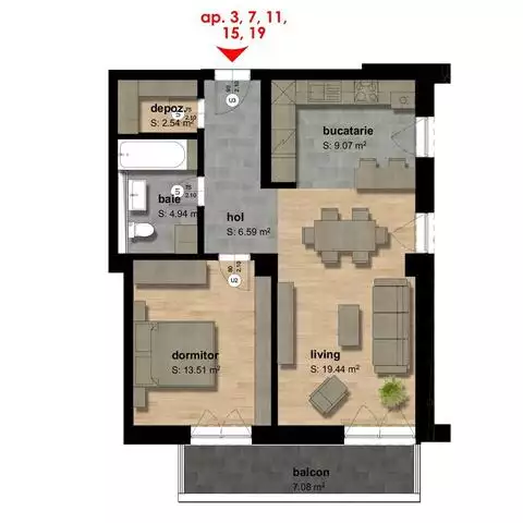 Apartamant 2 camere, 56 mp, optional parcare