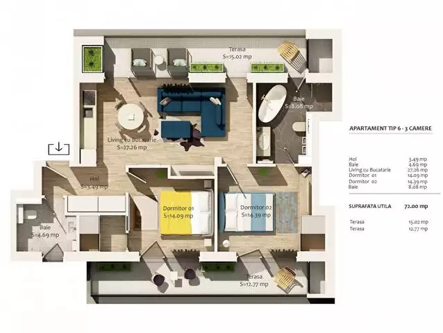 Apartament 72 mp, 2 terase generoase, intr-un ansamblu rezidential premium