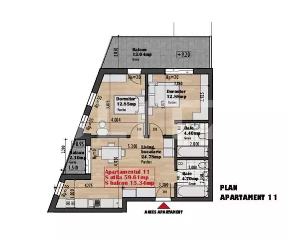 Vanzare apartament de 3 camere, 59.61 mp, 2 balcoane