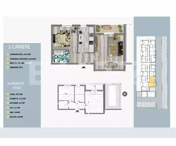 Apartament de 2 camere, 54.75 mp utili, balcon!