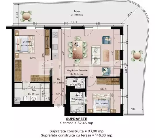 Apartament cu 3 camere, in ansamblu exclusivist, terasa de 52.45mp