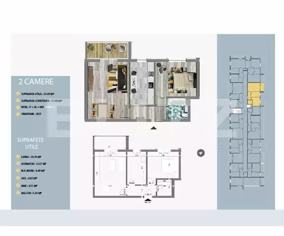 Apartament de 2 camere, 53.49 mp utili, balcon, orientare vest