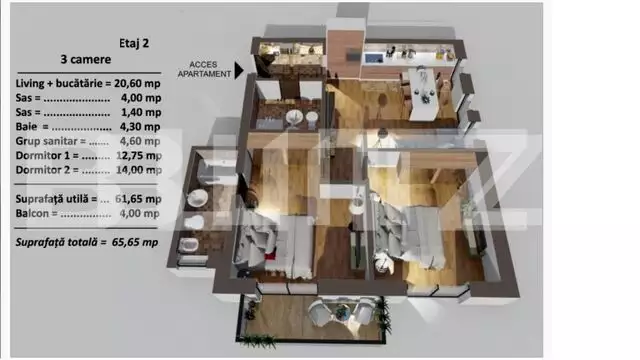 3 camere, 61.65 mp, balcon de 4 mp, zona nou dezvoltata