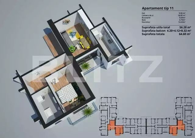 Apartament de 2 camere, 56.28 mp, 2 balcoane, zona Shopping City! 