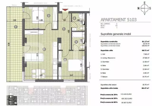 Apartament de 3 camere, 67 mp utili,19.76 terasa, Someseni 