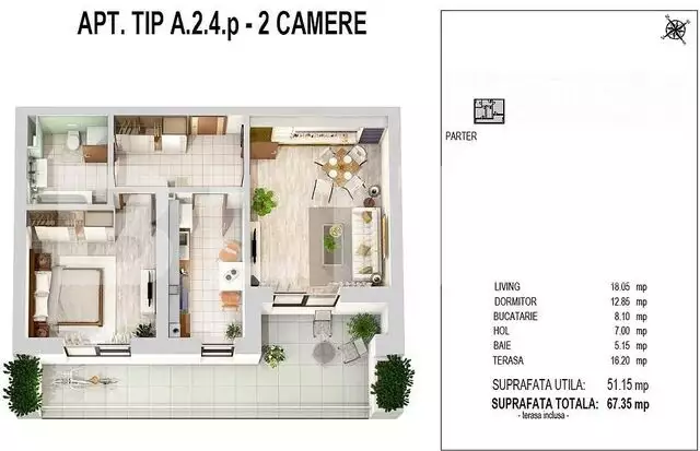Apartament 2 camere 51.15 mp si terasa 16.20 mp, zona Militari