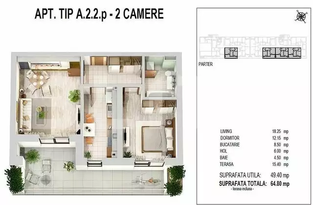 Apartament 2 camere 49.40 mp si terasa 15.40 mp, zona Militari