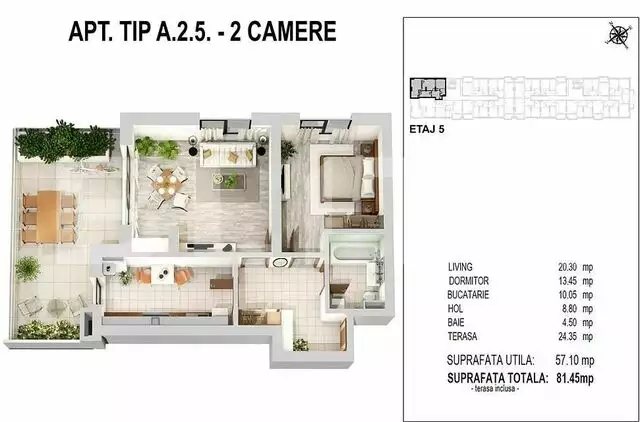 Apartament 2 camere 57.10 mp si terasa 24.35 mp, zona Militari