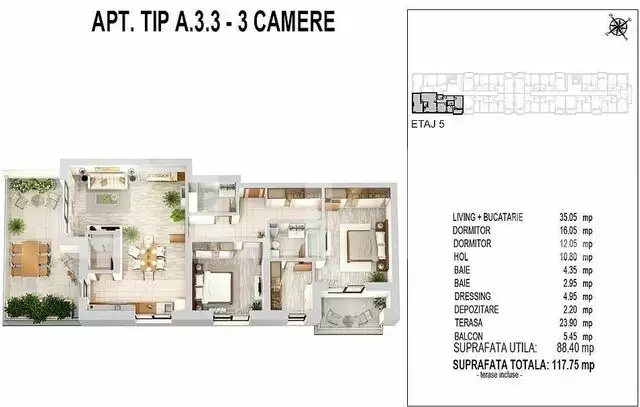 Apartament 3 camere, 88 mp, terasa, zona Militari