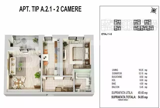 Apartament 2 camere 49.40 mp si balcon de 5.45 mp, zona Militari