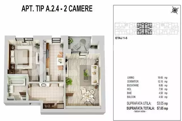 Apartament 2 camere 53.05 mp si balcon 4.60 mp, zona Militari