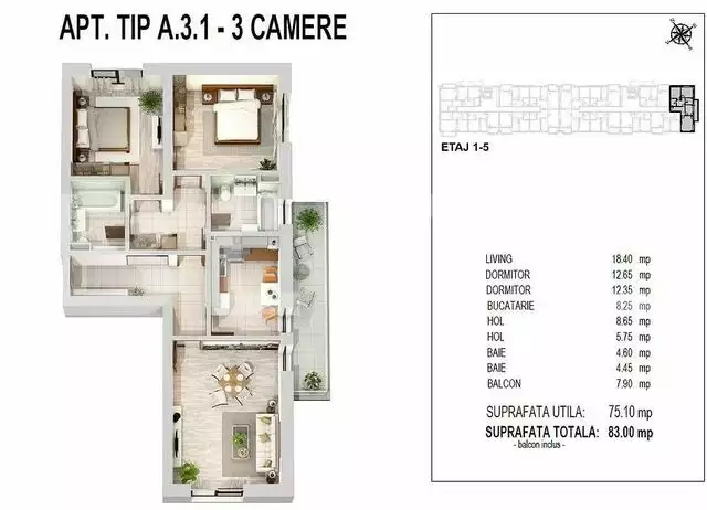 Apartament 3 camere, 75.10 mp si balcon 7.90 mp, zona Militari