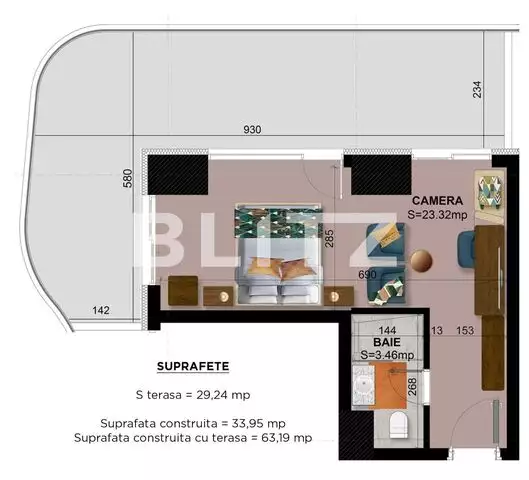 Apartament tip studio, 33.95 mp, ansamblu exclusivist, terasa 29.24 mp