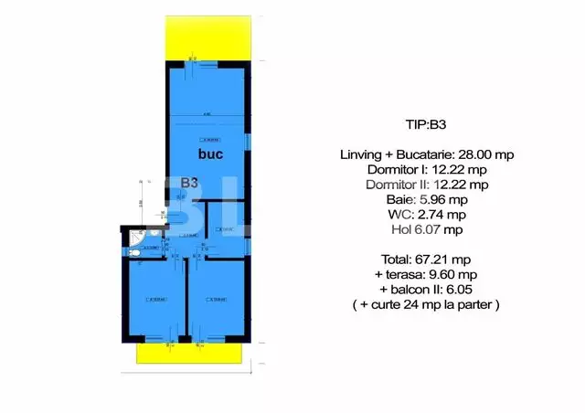 Apartament 3 camere de 67.21 mp, terasa de 9.60 mp si balcon de 6.05 mp, zona Selimbar