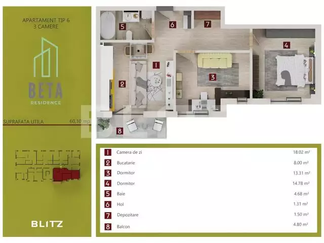 Apartament 3 camere, semifinisat, TVA Inclus, ansamblul Beta Residence 