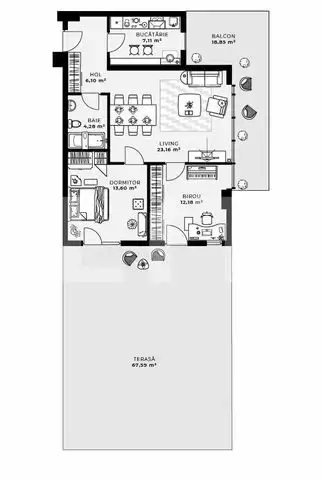 Apartament 3 camere, 66,43 mp + terasa