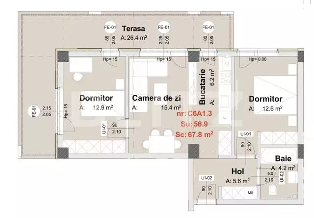 Apartament de 3 camere, 56.9 mp, terasa 26.4 mp, semifinisat, zona Metro