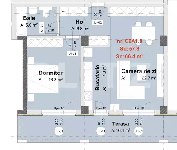 Apartament de 2 camere, 57.8 mp, terasa de 16.4 mp, semifinisat, zona Metro