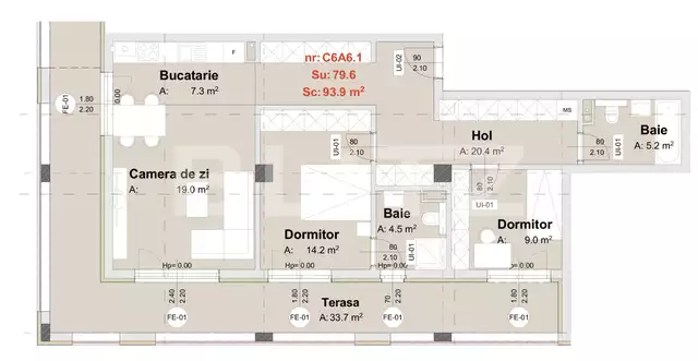 Apartament de 3 camere, 79.6 mp, terasa de 33.7 mp, semifinisat, zona Metro