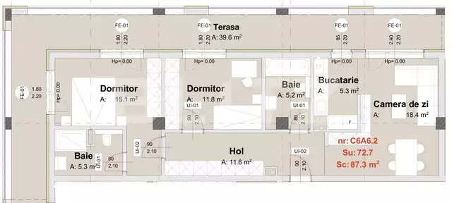 Apartament de 3 camere cu CF, 72.7 mp, terasa de 39.6 mp, semifinisat, parcare subterana, zona Metro