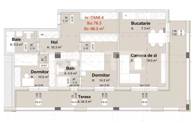 Apartament de 3 camere, 76.3 mp, terasa de 34.3 mp, semifinisat, zona Metro