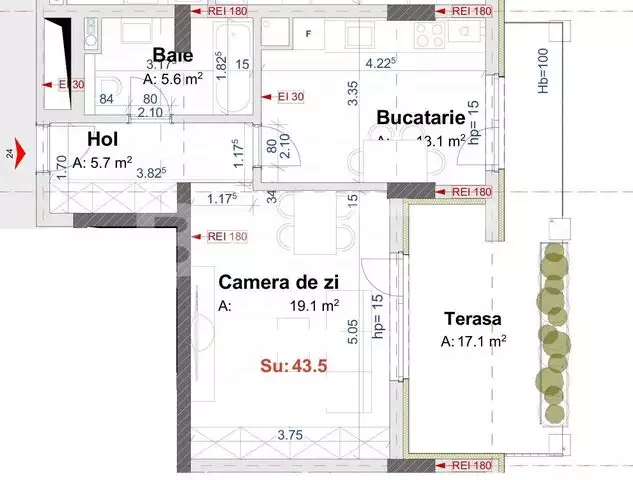 Apartament 1 camera, 43,5 mp, semifinisat, zona Vivo