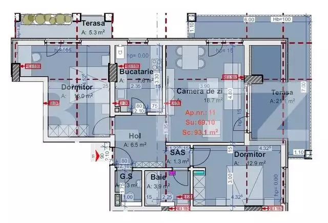 Apartament 3 camere, 69.1 mp, semifinisat, zona Vivo