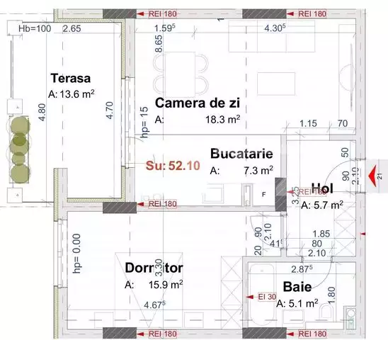 Apartament 2 camere, 53.2 mp, semifinisat, parcare subterana, zona Vivo