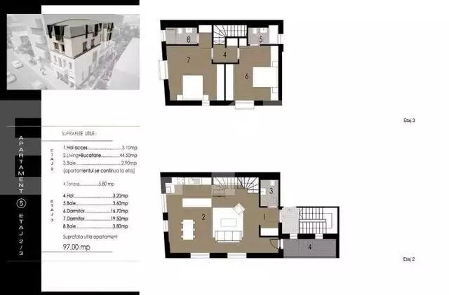 Apartament pe doua niveluri, 3 camere, 97 mp, terasa de 5,8 mp!