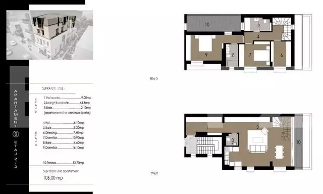 Apartament pe doua niveluri, 106 mp, 3 camere si terasa de 13,7 mp!