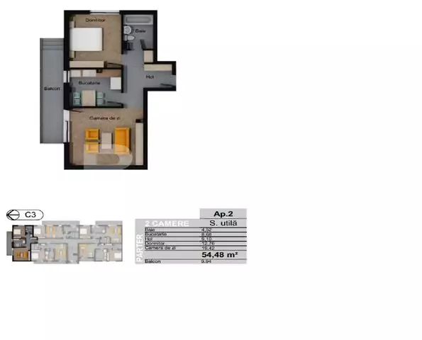 Apartament 2 camere, decomandat, 54.48 mp, CF, gradina 40 mp