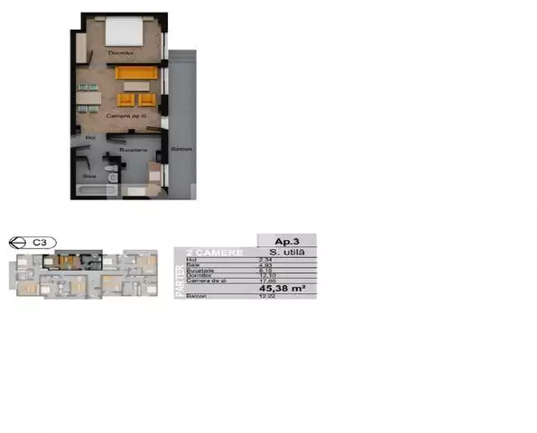 Apartament 2 camere, decomandat, 45.38 mp, gradina 50 mp