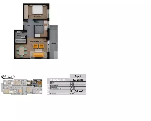 Apartament 2 camere, decomandat, 51.54 mp, gradina 50 mp, Terra!