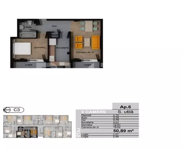 Apartament 2 camere decomandat, 50.89 mp, CF, zona Terra