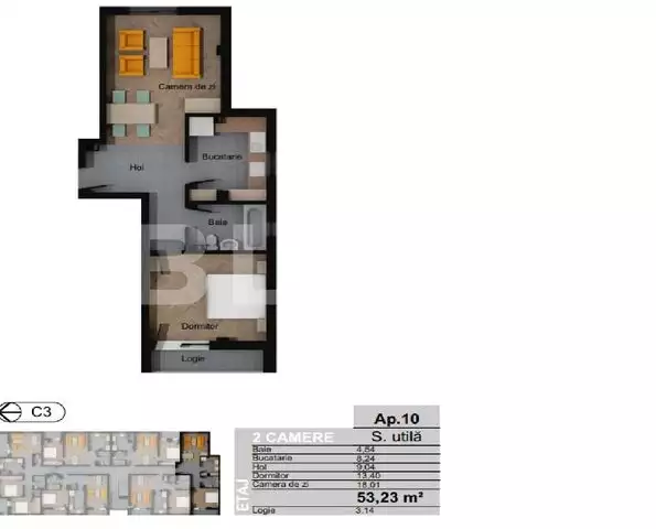 Apartament 2 camere decomandat, 53.25 mp, zona Terra