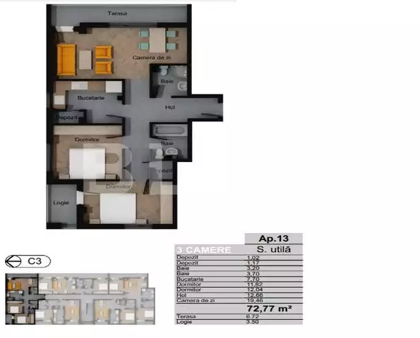Apartament 3 camere decomandate, 72.77 mp, CF, zona Terra