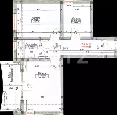 Apartament 2 camere, 53 mp