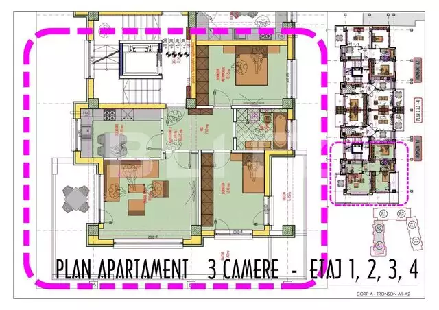 Apartament de 3 camere, 66.85 mp utili si balcon de 34.25 mp, zona Pacurari