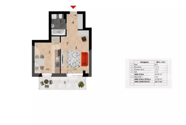 Apartament tip studio, 39 mp etaj intermediar, zona Golden Tulip